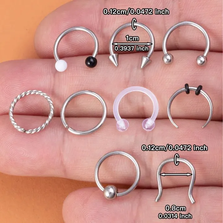 9pcs%20Hoop%20Nose%20Ring%20Septum%20Piercing%20Set%20Silver%20Color%20Surgical%20Steel%20Cartilage%20Earring%20Tragus%20Helix%20Circular%20BCR%20Ear%20Body%20Jewelry%20-%20Image%205