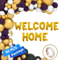 Golden Foil Welcome Home Decoration Pack: Banner, Balloons (Gold, Black, White), Both Side Tape - Complete Party Set (62 Pcs). 