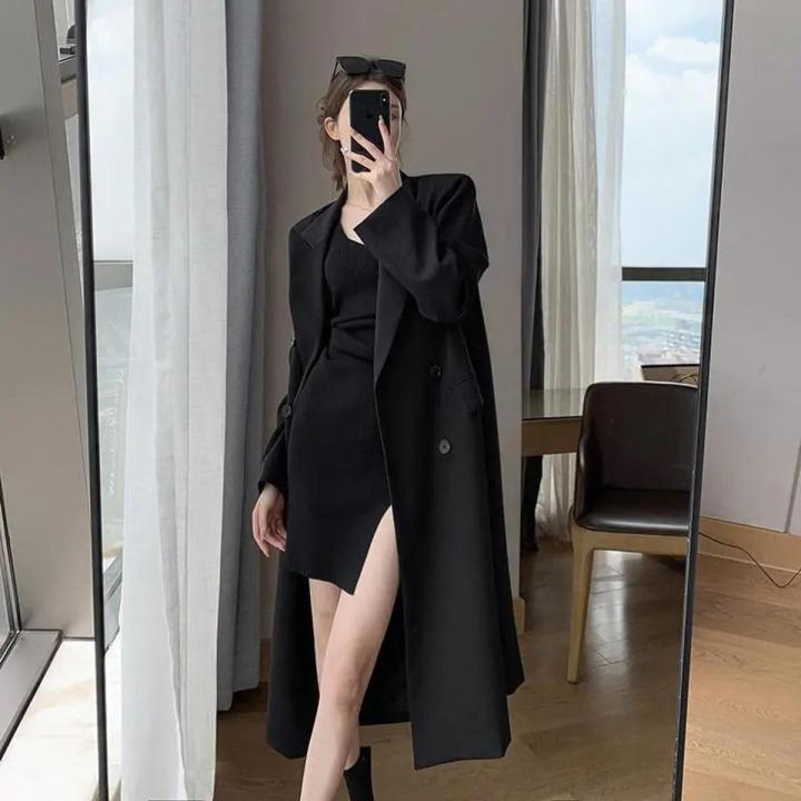 Black Suit Trench Coat Women2022Autumn New High-Grade Temperament Wild Slimming Mid-Length Coat Coat