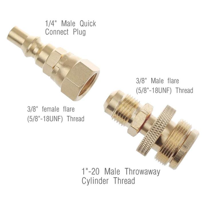 Propane Regulator Adapter-1 x 1lb Propane Regulator to 3/8inch Male Flare
1 x 3/8inch Male Flare to 1/4inch quick connect plug
1 x Thread Tape-