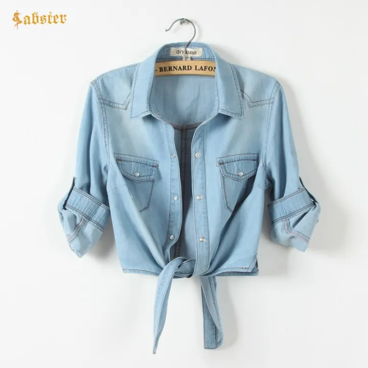 Girls%20Slim%20Top%20New%20Summer%20Women%20Casual%20Cropped%20sleeves%20Shirt%20Female%20Denim%20Shirts%20women's%20Fashion%20Short%20Blouse%20XZ120%20-%20Image%203