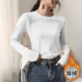 Autumn and Winter 2020 New Solid Color Long Sleeve T Women's Black round Neck Slim Bottoming Shirt Fleece-lined Thickened Inner Wear Top.