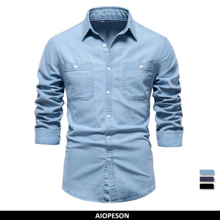 2023 New Autumn Men's Denim Shirt Cotton Elastic Casual Social Design  Double Pockets Slim Jeans Shirts for Men