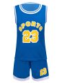 Girls and Boys Uni Football Basketball Sport Outfits Kids Children Sportswear Sleeveless Number Print T-Shirt and Shorts Set. 