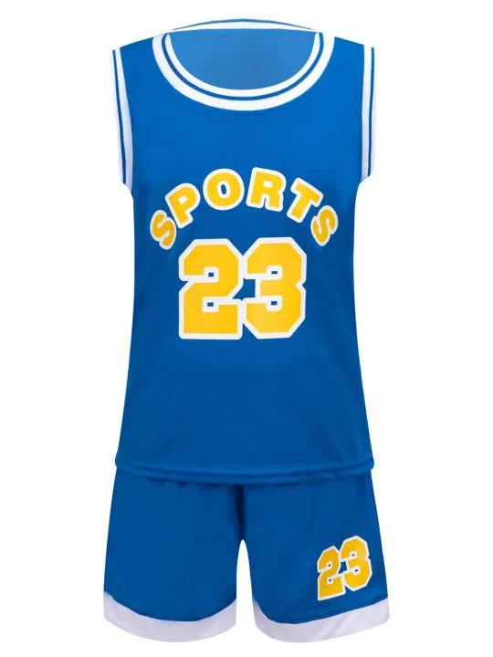 Girls%20and%20Boys%20Uni%20Football%20Basketball%20Sport%20Outfits%20Kids%20Children%20Sportswear%20Sleeveless%20Number%20Print%20T-Shirt%20and%20Shorts%20Set%20-%20Image%202