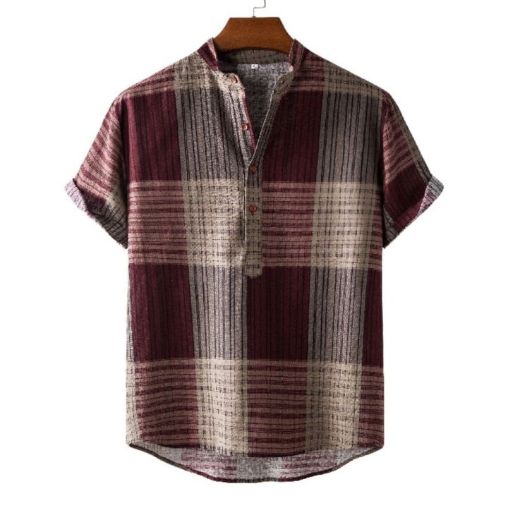 Vintage%20Men's%20Shirts%20Ethnic%20Style%20Printing%20Lattice%20Casual%20Streetwear%20Stand%20Collar%20Short%20Sleeve%20Loose%20Hawaiian%20Shirt%20Mens%20Summer%20-%20Image%204
