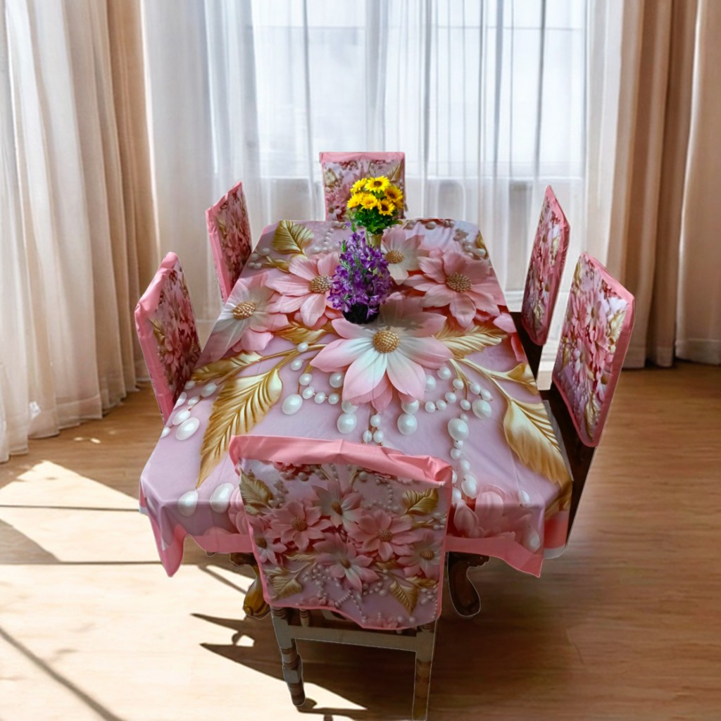 3D Print Dining table Cloth runner and 06 pieces chair cover Full Set mukta print