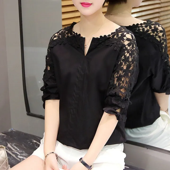 Summer%20New%20off-the-Shoulder%20Shirt%20Large%20Size%20Women's%20Loose%20Korean%20Style%20Hollow%20Top%20Shirt%20Lace%20Bottoming%20Shirt%20-%20Image%207