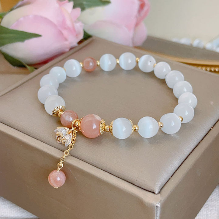 Chinese Cat Eye Stone Beaded Bracelets for Women Crystal Stone Flower Charm Bracelet Strawberry Crystal Bead BraceletJewelry