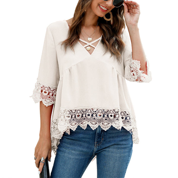 Women%20Summer%20Sexy%20Blouse,%20Irregular%20Half%20Sleeve%20Criss-Cross%20V-neck%20Hollow%20Out%20Lace%20Shirt%20-%20Image%204