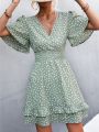 V Neck Mini Dress For Women Fashion Floral Slim Short Dresses Female Lotus Leaf Sleeve Elegant Dress Summer Vestido Mujer. 