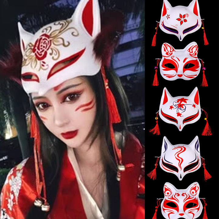 Japanese Fox Mask Half Face Hand-Painted Cat Fox Mask Anime Halloween Festival Makeup Dance Mask Party Costumes Cosplay Props