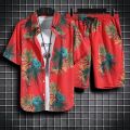 Hawaiian Style Beach Pants Men's Loose Quick-Dry Casual Suit Printed Shirt Shorts Couple plus Size Set. 