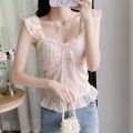 Imported Korean pure desire sweet pastoral style camisole small vest women's summer small flying sleeve floral tube top lace beautiful back free size.