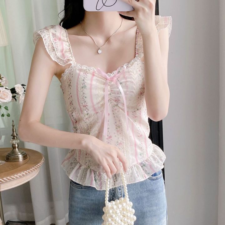 Imported Korean pure desire sweet pastoral style camisole small vest women's summer small flying sleeve floral tube top lace beautiful back free size