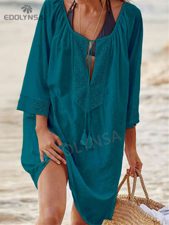 PRODUCTEI%20Women%20Swimsuit%20Cover%20Ups%20Kaftan%20Beach%20Tunic%20Dress%202023%20Summer%20Robe%20De%20Plage%20Solid%20Cotton%20Pareo%20Beach%20Cover%20Up%20#Q363%20-%20Image%205