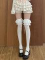 Multi-Layer Lace Stockings Milky White Ribbon Knee Socks Japanese Style lolita Girl Bow Hold-Ups. 