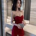 IELGY skinny Dress solid color ultra short hip V-neck Korean version Solid color slim Tube top.