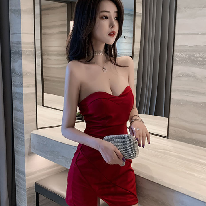 IELGY skinny Dress solid color ultra short hip V-neck Korean version Solid color slim Tube top