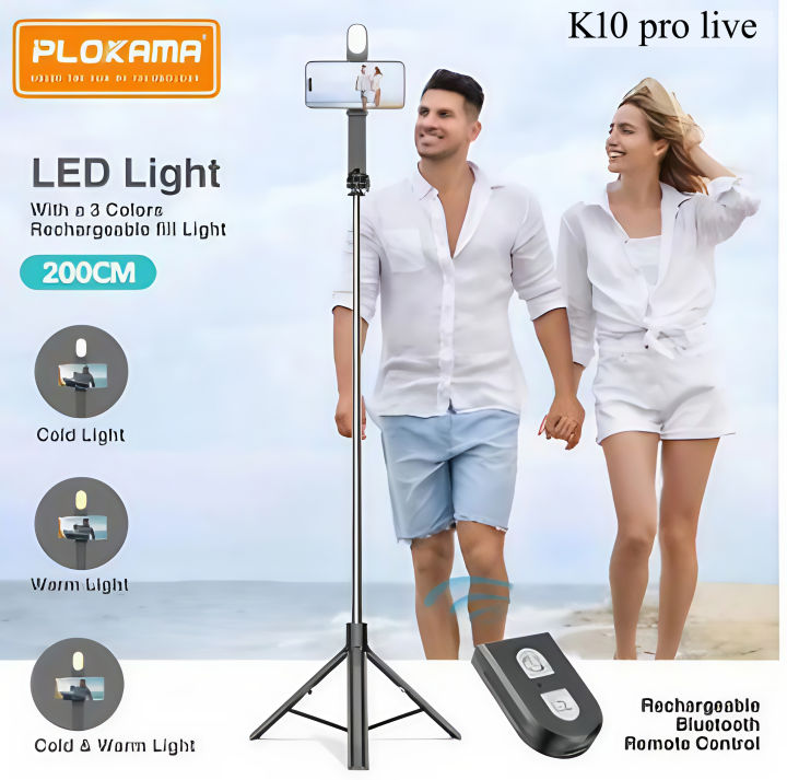 PLOKAMA K10 PRO/P9 PRO LIVE LED Selfie Stick Portable Tripod 200cm 3 in 1 Bluetooth Remote - LIVE BROADCAST STAND l LIVE-K10 LED l 6.5Fit l Interface + camera I interface + Ring light Fill Light Color: Cold light, Warm light, Natural light SELFIE STICK
