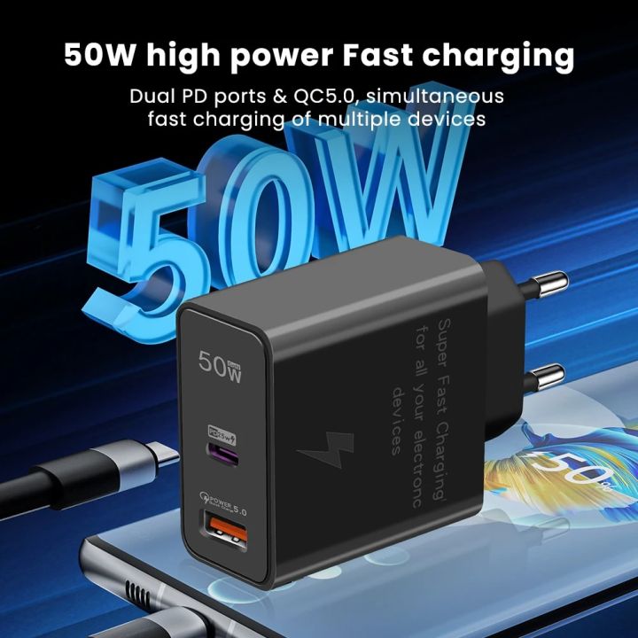 【Ready Stock+FREE Shipping+COD 】50W GaN Charger USB Wall Charger Fast Charging PD Type C Cell Phone Charger Adapter For iphone 14 13 12 Xiaomi Huawei Samsung