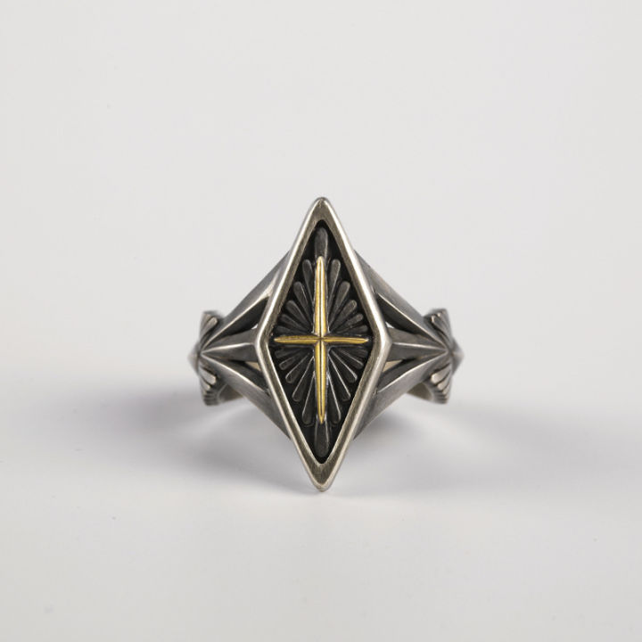Vintage diamond cross ring, hipster men's personality, European and American punk index finger rings, men's imitation Thai silver open ring