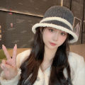 Plush Stitching Woolen Bucket Hat Women's Autumn and Winter Wild Warm Big Head Circumference Plain Face Small Bucket Hat Fashion.