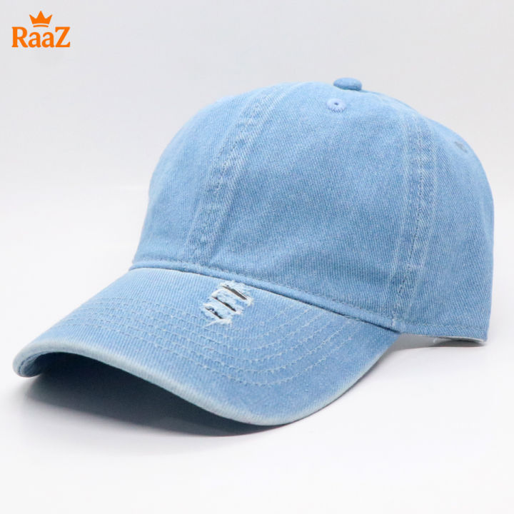 Sky Blue Denim Ripped Visor Cap For Men