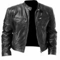 Fashion Men Leather Jacket Winter Vintage Cool Motorcycle Zipper Bomber Jacket Casual Pocket Stand Collar Club Men Outwear. 