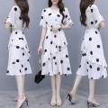 Women Midi Dress V-neck Polka Dot High Waist Irregular Short Ruffle Sleeves Summer Dress. 