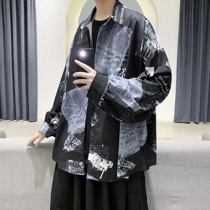 Spring%20and%20Autumn%20New%20Hong%20Kong%20Style%20Long-Sleeved%20Shirt%20chic%20Men's%20Design%20Sense%20Newspaper%20Printing%20Trendy%20Couple%20Shirt%20Coat%20-%20Image%203