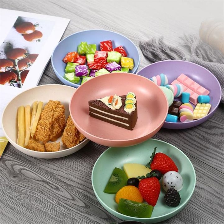 Multifunctional Wheat Straw Plates Round Dinner Dish Microwave Safe Snack Fruit Dish Desktop Garbage Kitchen Supplies