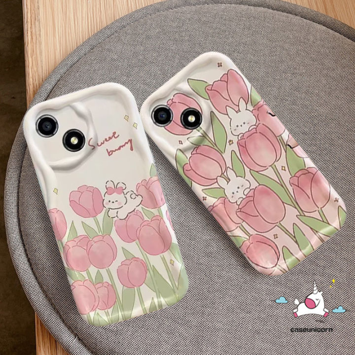 Fresh Tulip Phone Case Compatible For IPhone 11 14 13 12 Pro Max XR X XS Max 7 6 8 6s Plus SE 2020 Cute Sweet Bunny Flower Shockproof 3D Wavy Curved Edge Soft Cartoon Cover