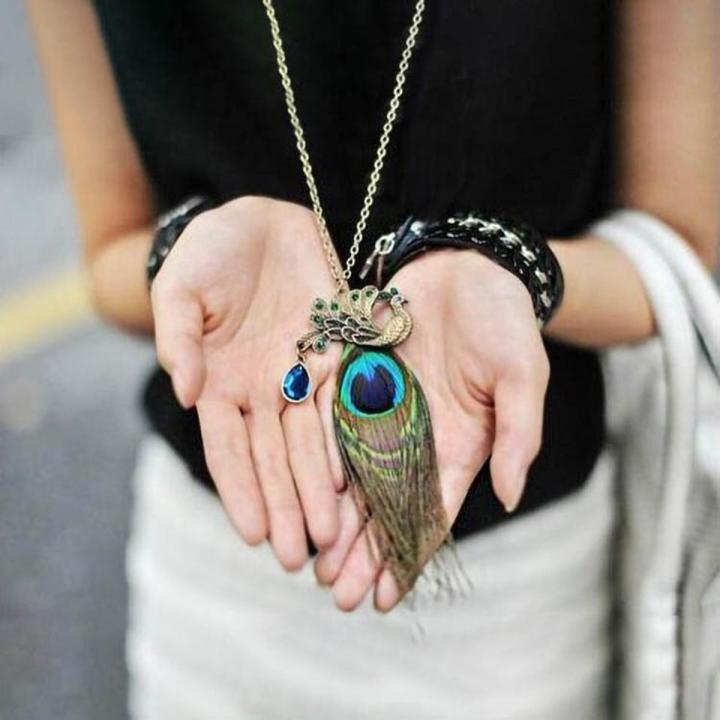 Fashion rhinestone peacock feather pendant necklace boho ethnic