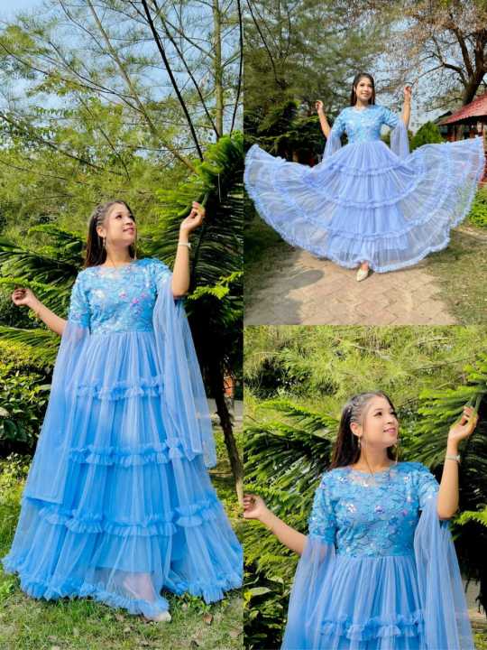 Smooth Colored-Barbie Gown Made by Premium Net Fabric with Exclusive Sequence Design-Designed Dress