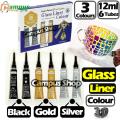 Keep smiling 3D Glass liner (12ml x 6 tube box) 3 Color Gold, Silver, Black liner for Glass Painting - colour.