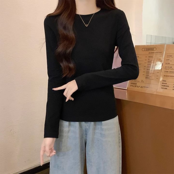 Women's cotton long-sleeved T-shirt elastic slim fit round neck tight inner  wear simple all-match autumn and winter bottoming shirt top