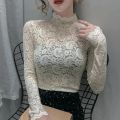 Lace lined bottomed t-shirts blouse women's high neck mesh lace blouse y blouse tops women long sleeve y clothes P3 530. 