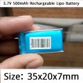 500mAh Bluetooth Headphone Battery 3.7V Rechargeable Battery 500mAh Battery Size 35x20x7mm Lithium Polymer Rechargeable Battery. 