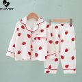 Kids Summer Thin Pajamas Sets New 2023 Boys Girls Cotton Linen Cartoon Long Sleeve Lapel Shirt Tops with Pants Baby Home Wear.