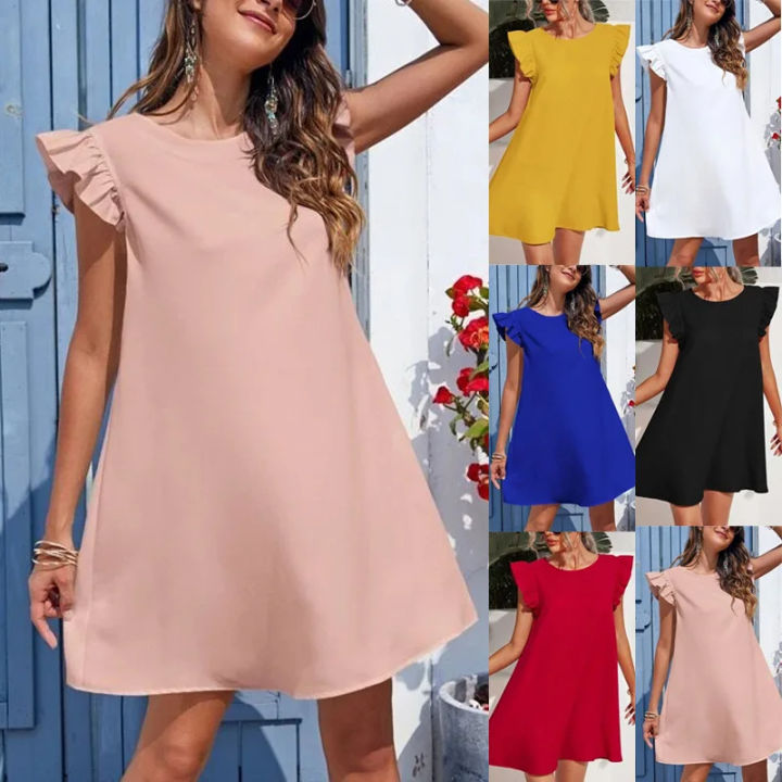 Women’s Dress Casual Solid Candy Color Petal Sleeve New Sweet Slim Solid Color Woman Dresses Vestidos