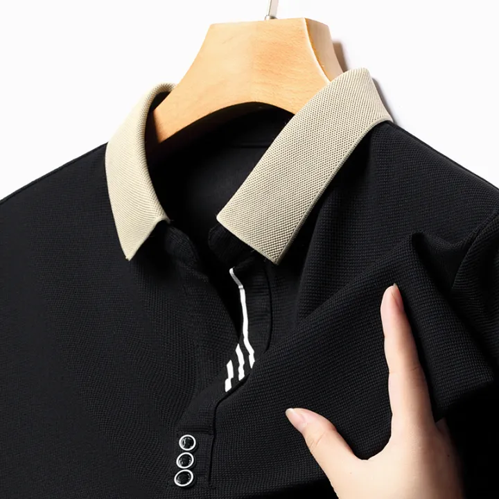 Korean%20Handsome%20New%202024%20Summer%20Ice%20Silk%20Polo%20Shirt%20Loose%20Breathable%20Short%20Sleeved%20Thin%20Polo%20Striped%20Casual%20Tops%20Men's%20Clothing%20-%20Image%203