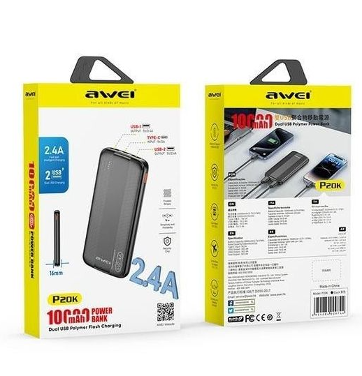 AWEI P20K 10000mAh Dual USB Output Ports Power Bank