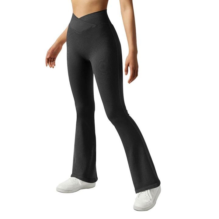 Flared%20Leggings%20Ribbed%20Crossover%20V%20Waist%20Women's%20Yoga%20Pants%20Control%20Tummy%20High%20Waist%20Wide%20Leg%20Pants%20Casual%20Flare%20Pants%20Female%20-%20Image%205
