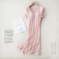 modal short sleeve long skirt pajamas with bra pads striped loose thin plus size home dress women's summer home.