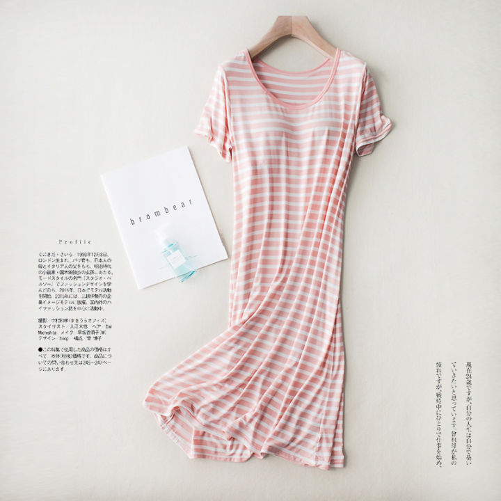modal%20short%20sleeve%20long%20skirt%20pajamas%20with%20bra%20pads%20striped%20loose%20thin%20plus%20size%20home%20dress%20women's%20summer%20home%20-%20Image%204