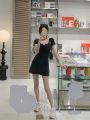 American Washed and Worn Hot Girl Black Dress Summer u Collar Short Sleeve Retro Slim Fit Slimming a Line Skirt Short Skirt Fashion. 