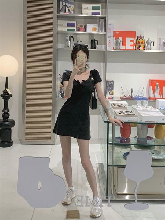 American%20Washed%20and%20Worn%20Hot%20Girl%20Black%20Dress%20Summer%20u%20Collar%20Short%20Sleeve%20Retro%20Slim%20Fit%20Slimming%20a%20Line%20Skirt%20Short%20Skirt%20Fashion%20-%20Image%202