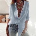 Oversized Autumn Cotton Linen Shirt Fashion Button Up Women Shirts White Casual Loose Tops Plus Size Rollable Sleeve Blusa 5XL. 