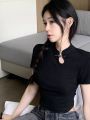 Black Shoulder Short Sleeve T Women's Summer T-shirt 2023 New Design Sense Niche Improved Cheongsam Chinese Style Traditional Top. 